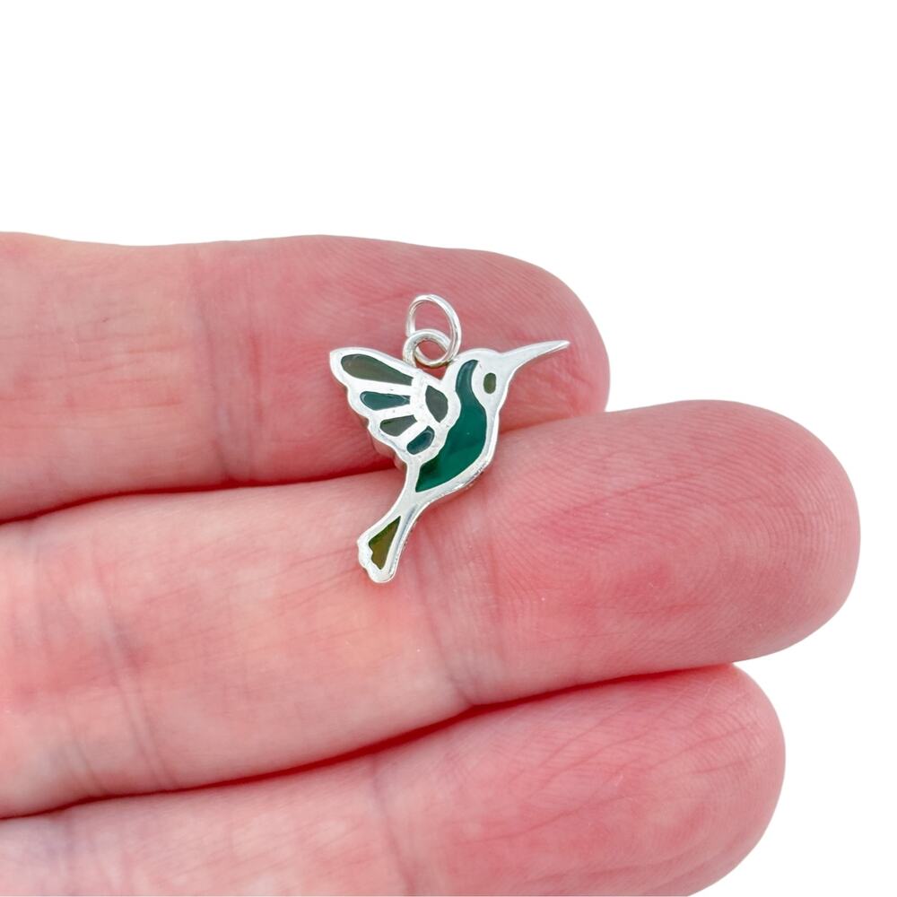 Vintage Sterling Silver 925 Green Glass Hummingbird Pendant